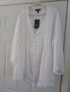 Audrey Lane White Blouse Beach Pool Cover Up Long Sleeve Pearl Button Size 2X